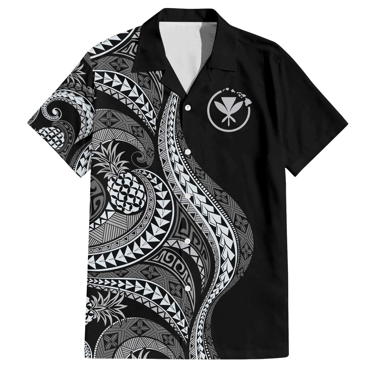 Hawaii Pineapple Gray Scale Tribal Pattern Family Matching Off The Shoulder Long Sleeve Dress and Hawaiian Shirt LT01 Dad's Shirt - Short Sleeve Black - Polynesian Pride