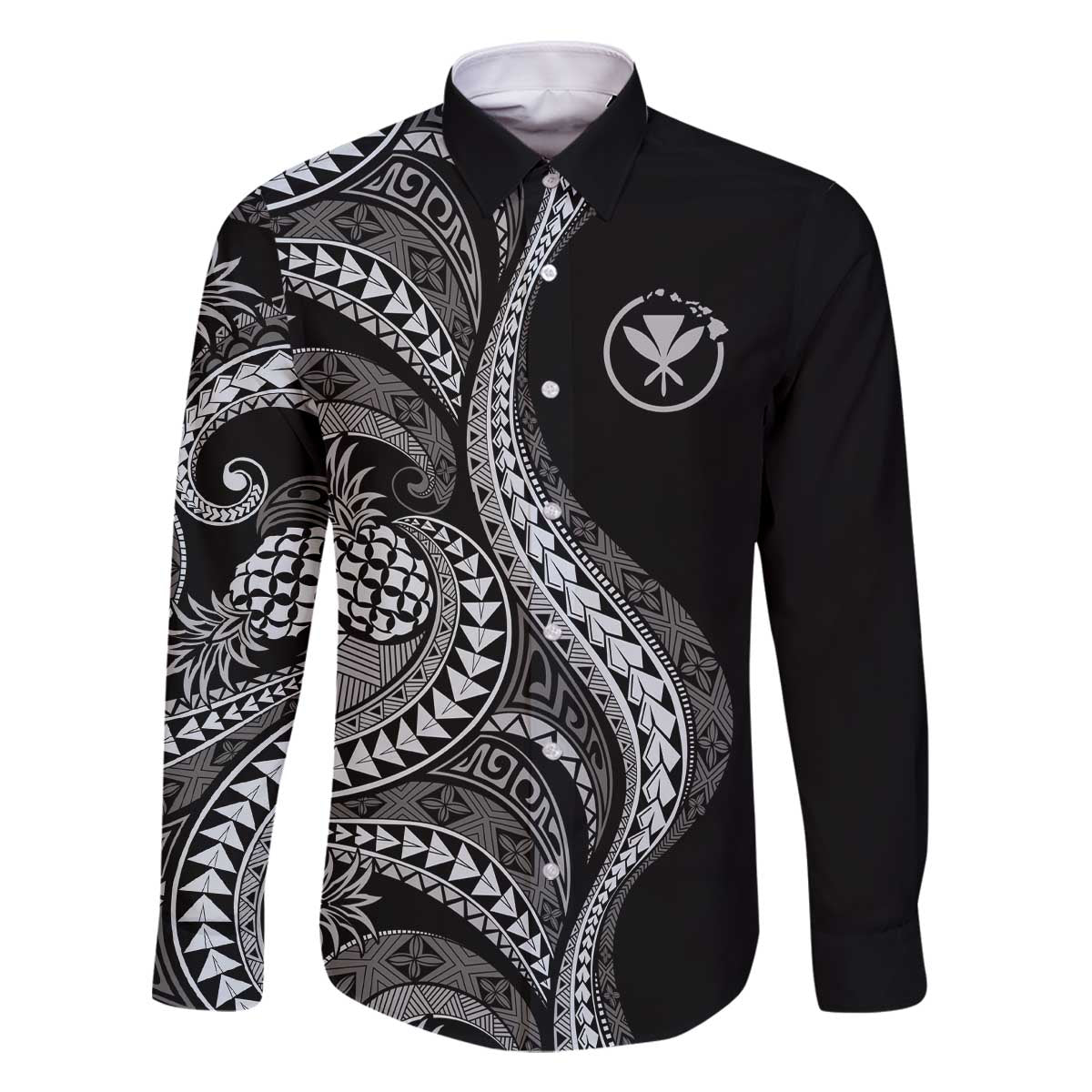 Hawaii Pineapple Gray Scale Tribal Pattern Family Matching Off The Shoulder Long Sleeve Dress and Hawaiian Shirt LT01 Dad's Shirt - Long Sleeve Black - Polynesian Pride