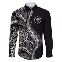 Hawaii Pineapple Gray Scale Tribal Pattern Family Matching Off The Shoulder Long Sleeve Dress and Hawaiian Shirt LT01 Dad's Shirt - Long Sleeve Black - Polynesian Pride