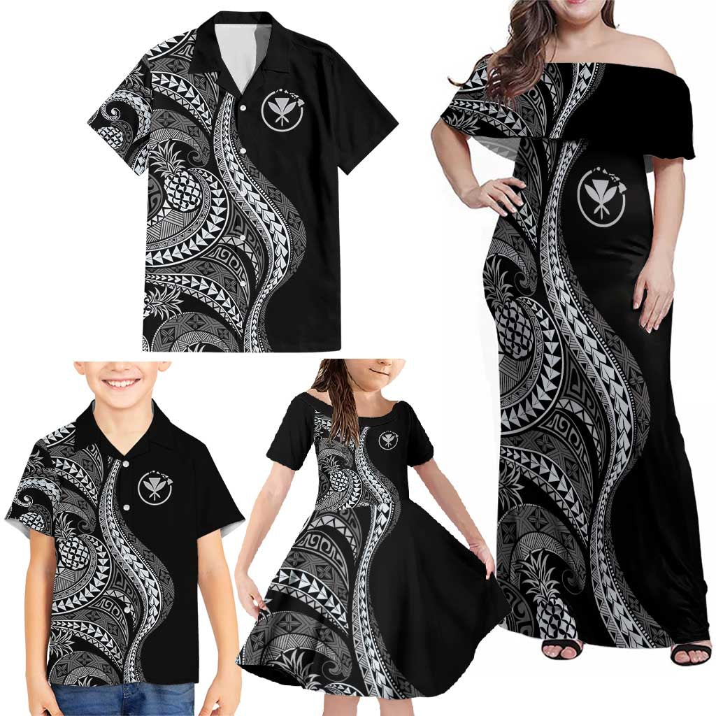 Hawaii Pineapple Gray Scale Tribal Pattern Family Matching Off Shoulder Maxi Dress and Hawaiian Shirt - Polynesian Pride