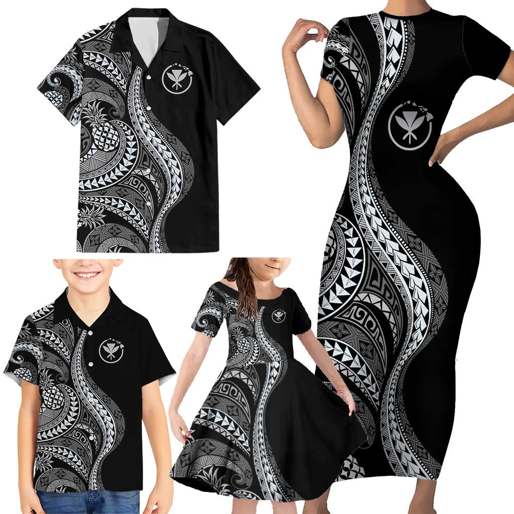 Hawaii Pineapple Gray Scale Tribal Pattern Family Matching Short Sleeve Bodycon Dress and Hawaiian Shirt LT01 - Polynesian Pride