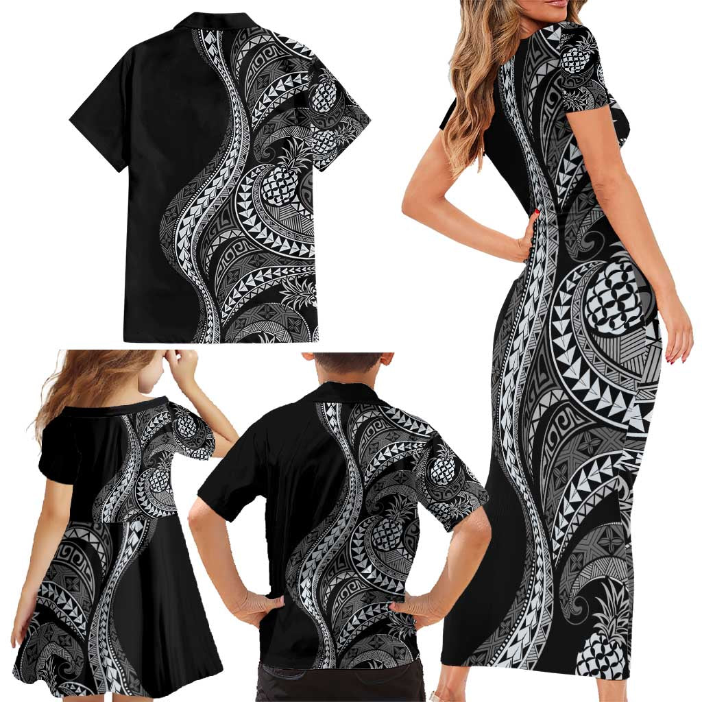 Hawaii Pineapple Gray Scale Tribal Pattern Family Matching Short Sleeve Bodycon Dress and Hawaiian Shirt LT01 - Polynesian Pride