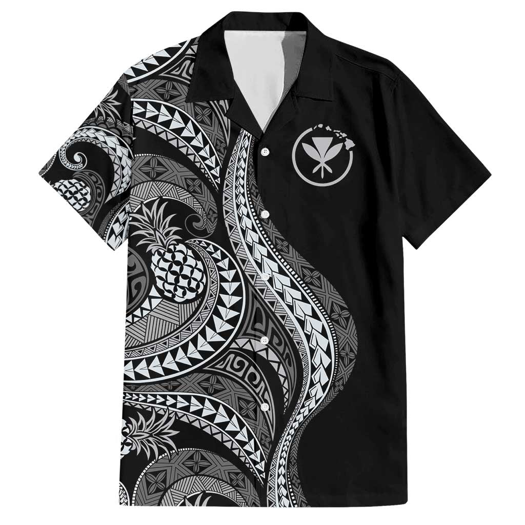 Hawaii Pineapple Gray Scale Tribal Pattern Family Matching Short Sleeve Bodycon Dress and Hawaiian Shirt LT01 Dad's Shirt - Short Sleeve Black - Polynesian Pride