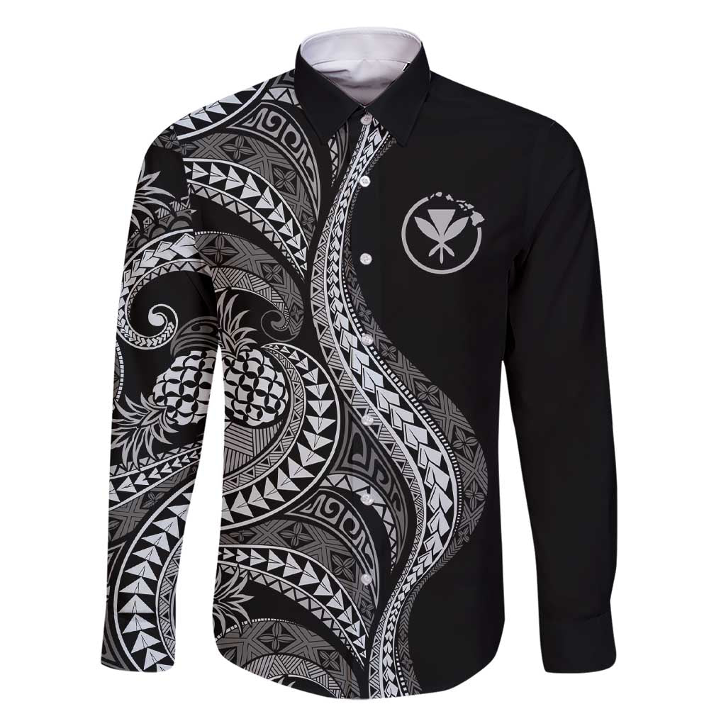 Hawaii Pineapple Gray Scale Tribal Pattern Family Matching Short Sleeve Bodycon Dress and Hawaiian Shirt LT01 Dad's Shirt - Long Sleeve Black - Polynesian Pride
