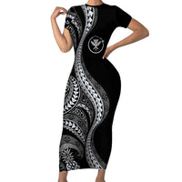 Hawaii Pineapple Gray Scale Tribal Pattern Family Matching Short Sleeve Bodycon Dress and Hawaiian Shirt LT01 Mom's Dress Black - Polynesian Pride