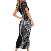 Hawaii Pineapple Gray Scale Tribal Pattern Family Matching Short Sleeve Bodycon Dress and Hawaiian Shirt LT01 - Polynesian Pride