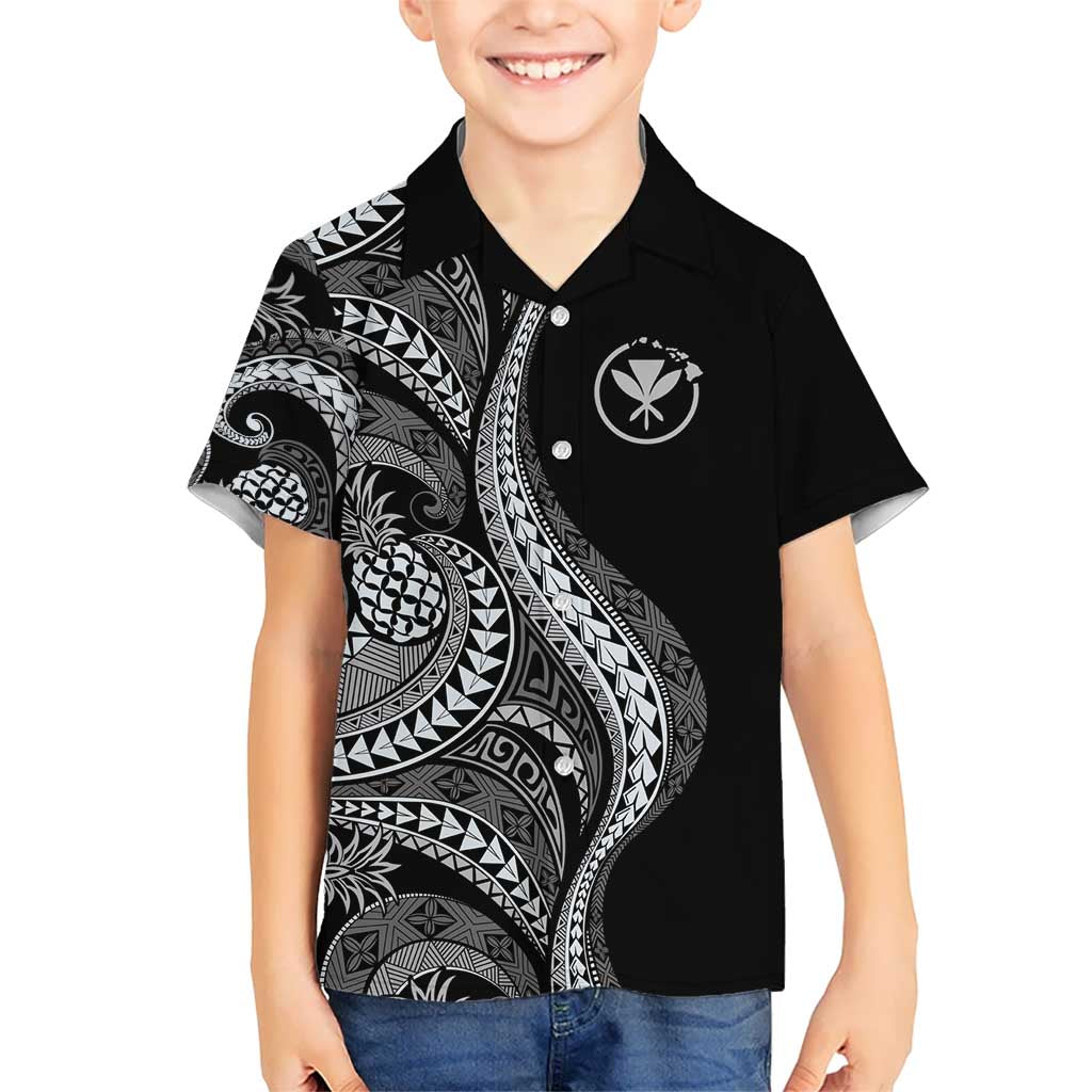 Hawaii Pineapple Gray Scale Tribal Pattern Kid Hawaiian Shirt LT01 Kid Black - Polynesian Pride