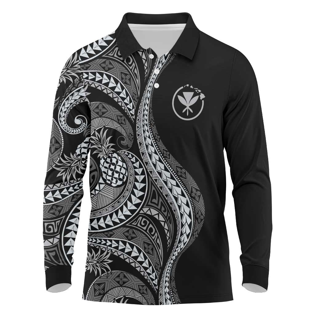 Hawaii Pineapple Gray Scale Tribal Pattern Long Sleeve Polo Shirt LT01 Black - Polynesian Pride