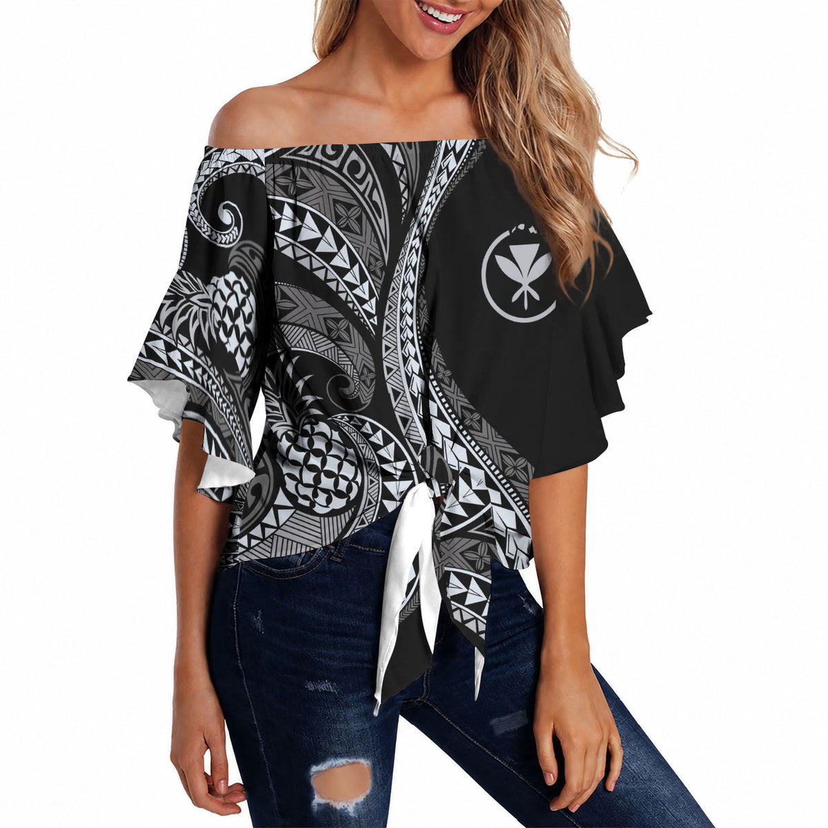 Hawaii Pineapple Gray Scale Tribal Pattern Off Shoulder Wrap Waist Top LT01 - Polynesian Pride