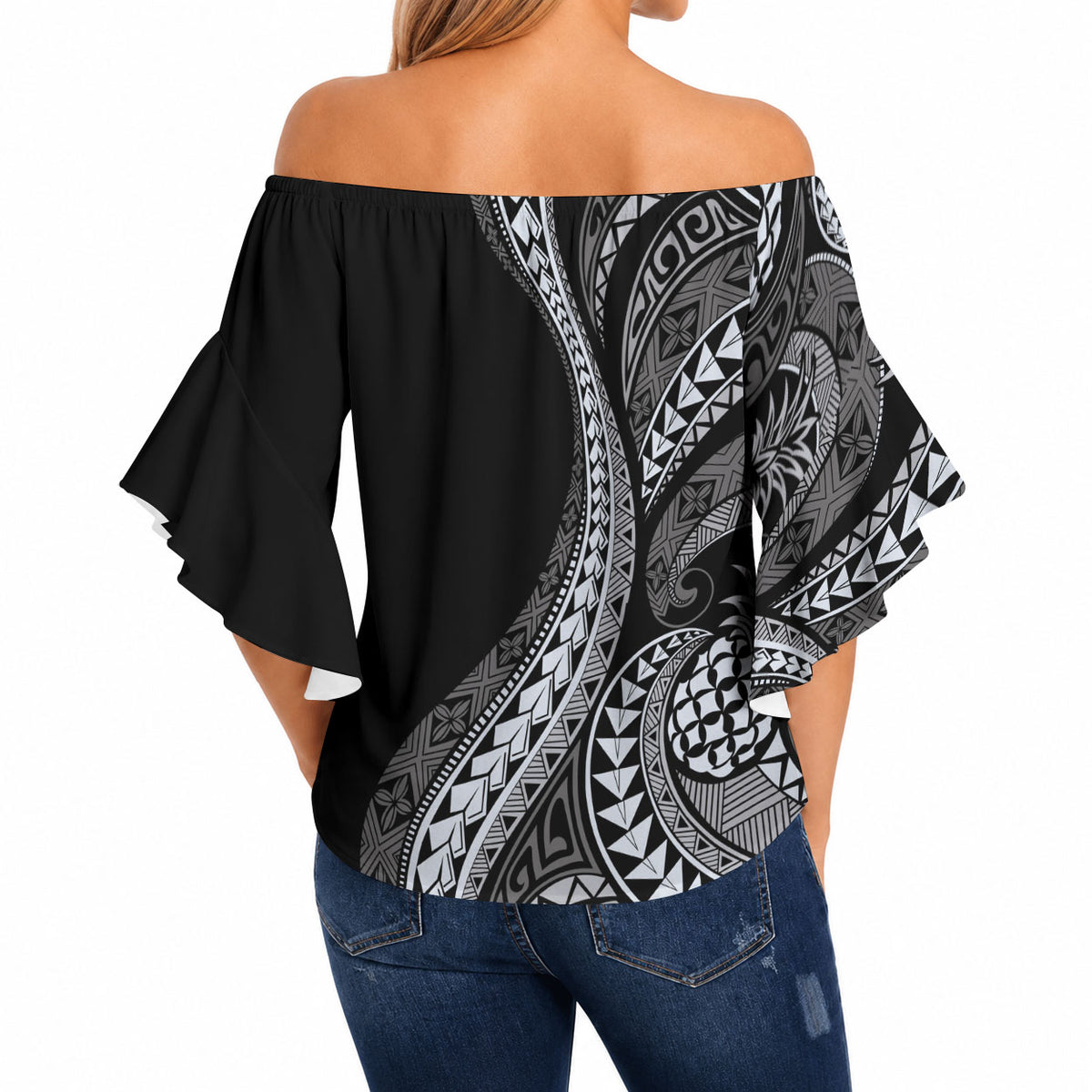 Hawaii Pineapple Gray Scale Tribal Pattern Off Shoulder Wrap Waist Top LT01 - Polynesian Pride