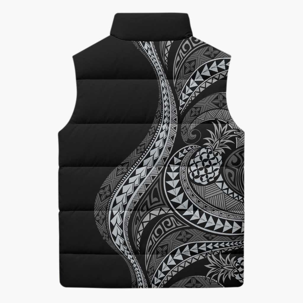 Hawaii Pineapple Gray Scale Tribal Pattern Sleeveless Puffer Jacket - Polynesian Pride