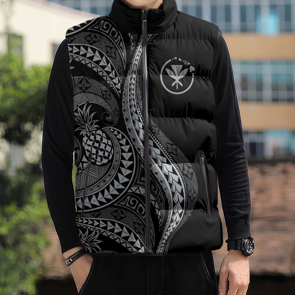 Hawaii Pineapple Gray Scale Tribal Pattern Sleeveless Puffer Jacket - Polynesian Pride
