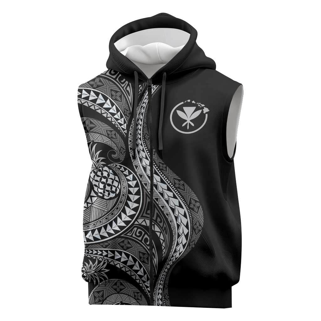 Hawaii Pineapple Gray Scale Tribal Pattern Sleeveless Zip Hoodie LT01 Black - Polynesian Pride