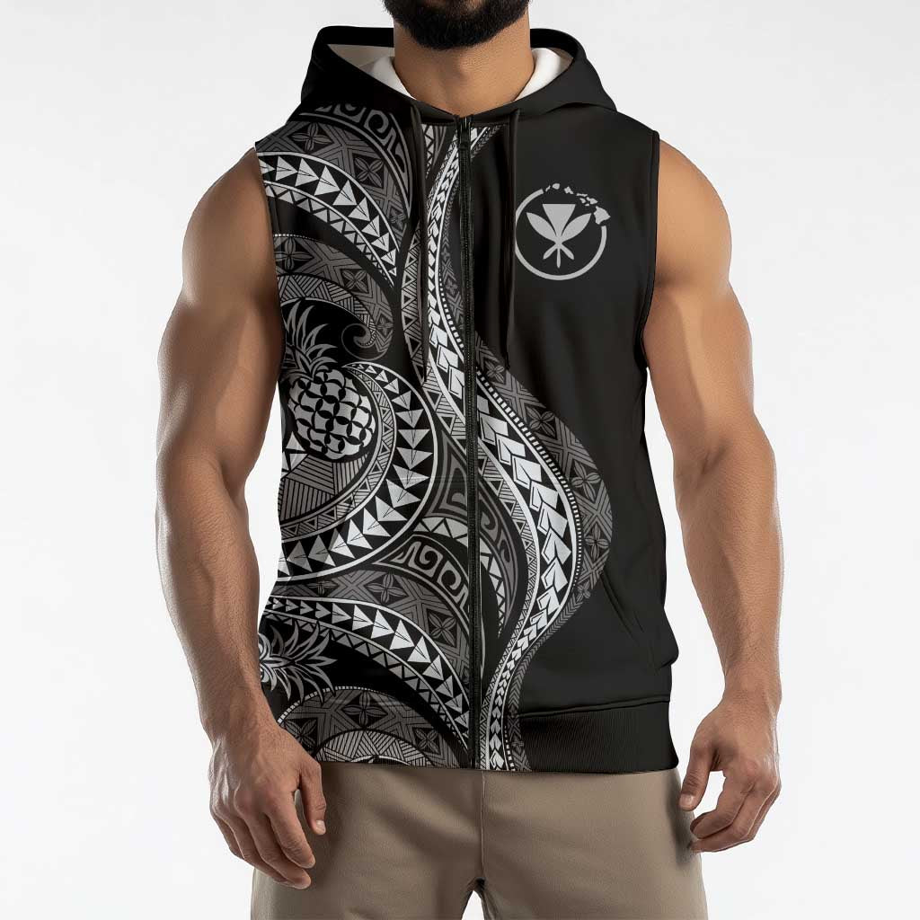 Hawaii Pineapple Gray Scale Tribal Pattern Sleeveless Zip Hoodie LT01 - Polynesian Pride