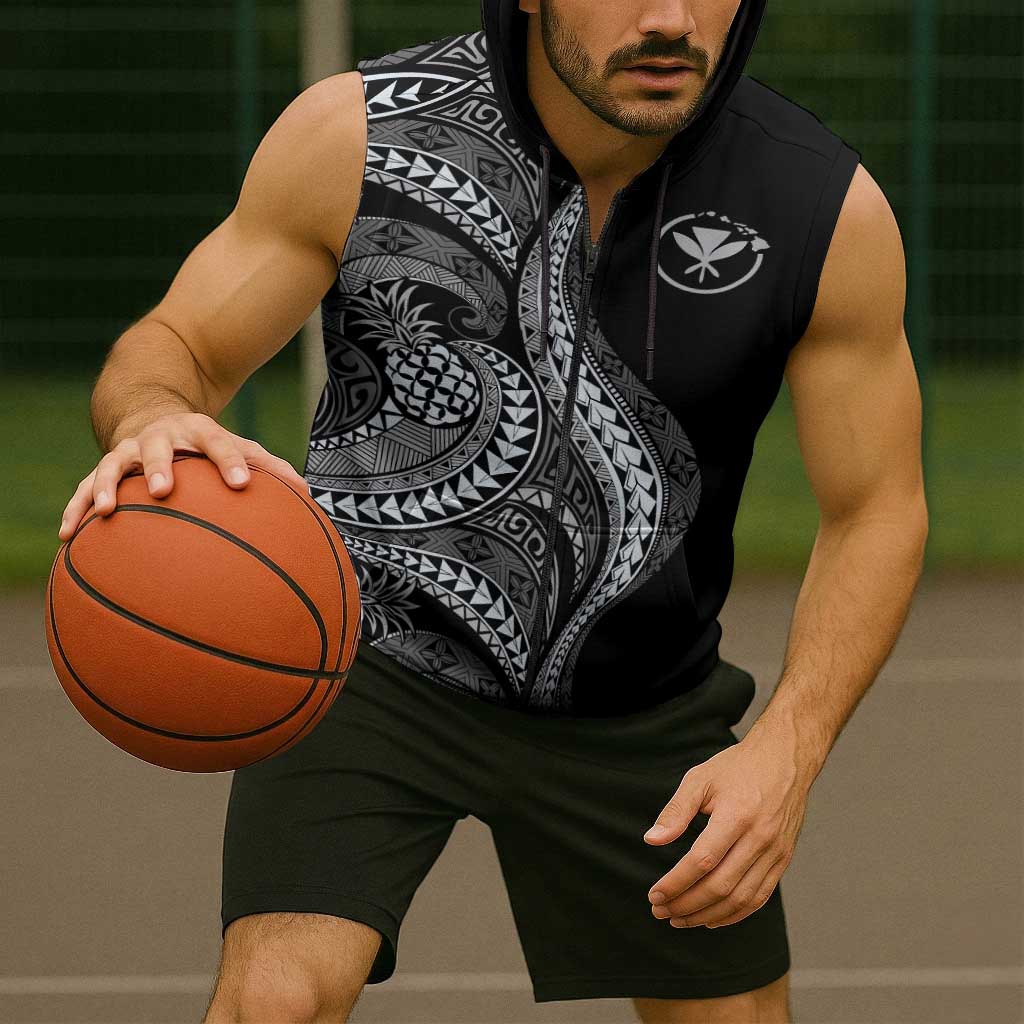 Hawaii Pineapple Gray Scale Tribal Pattern Sleeveless Zip Hoodie LT01 - Polynesian Pride