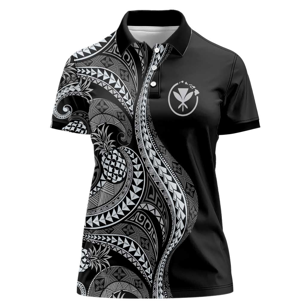 Hawaii Pineapple Gray Scale Tribal Pattern Women Polo Shirt - Polynesian Pride