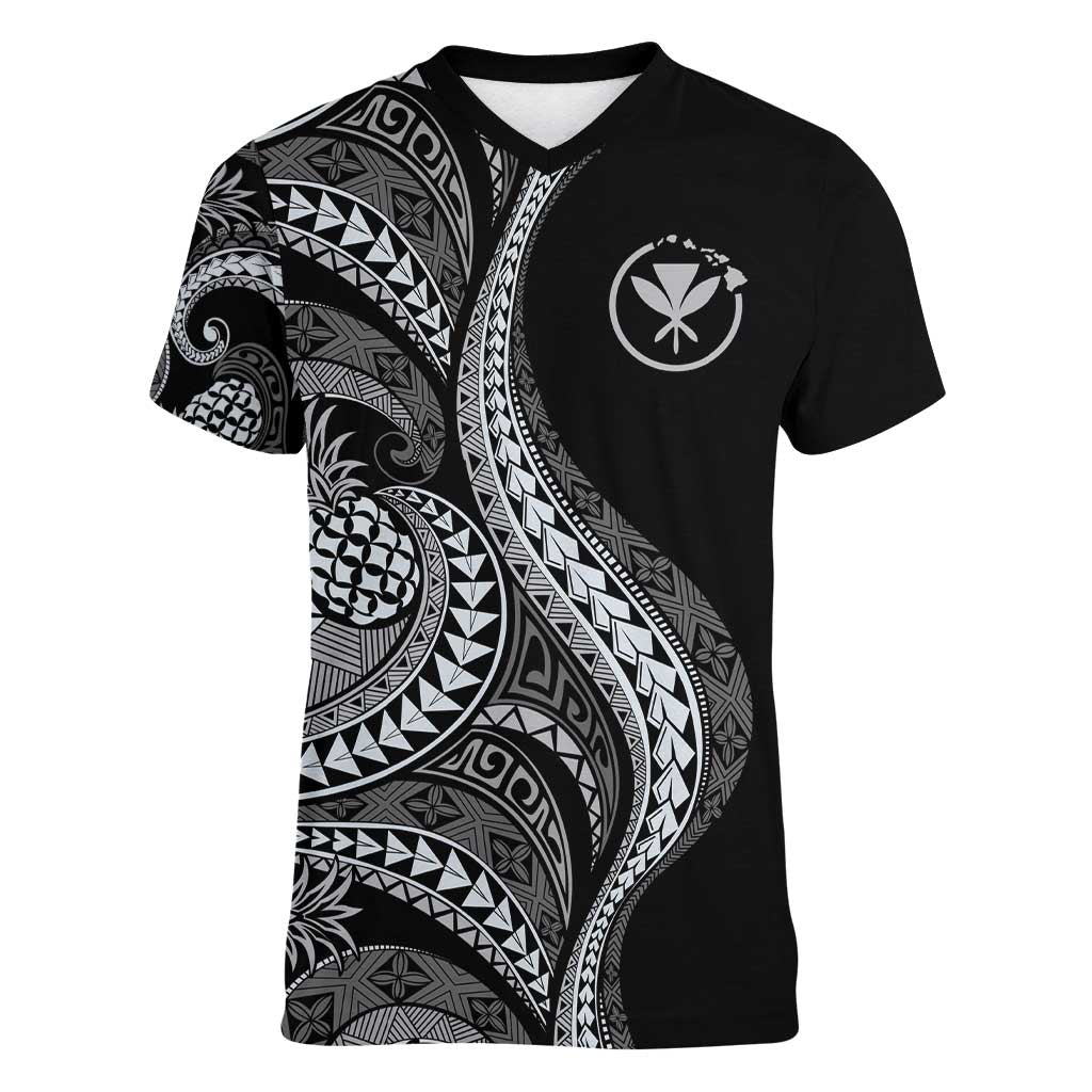 Hawaii Pineapple Gray Scale Tribal Pattern Women V-Neck T-Shirt LT01 Female Black - Polynesian Pride