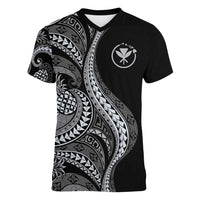 Hawaii Pineapple Gray Scale Tribal Pattern Women V-Neck T-Shirt LT01 Female Black - Polynesian Pride