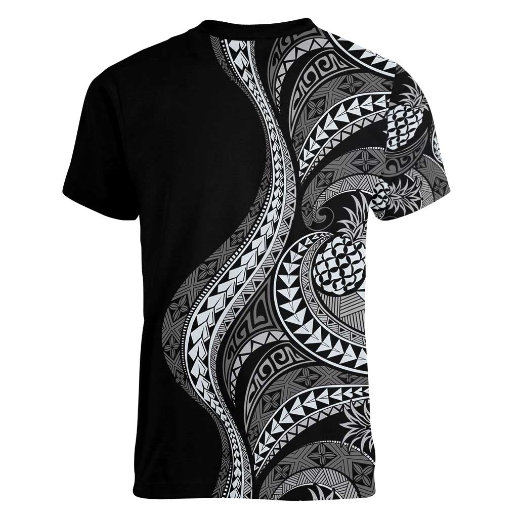Hawaii Pineapple Gray Scale Tribal Pattern Women V-Neck T-Shirt LT01 - Polynesian Pride