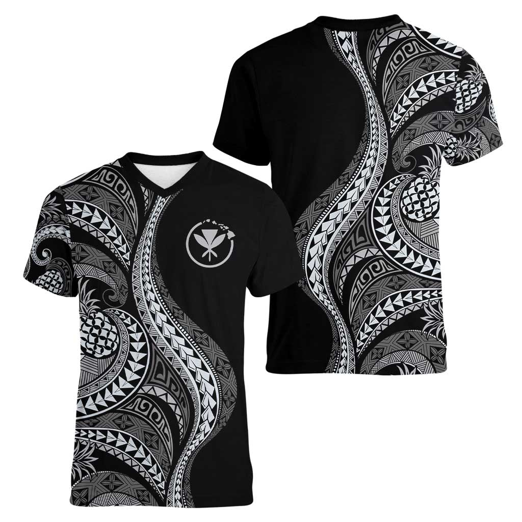 Hawaii Pineapple Gray Scale Tribal Pattern Women V-Neck T-Shirt LT01 - Polynesian Pride