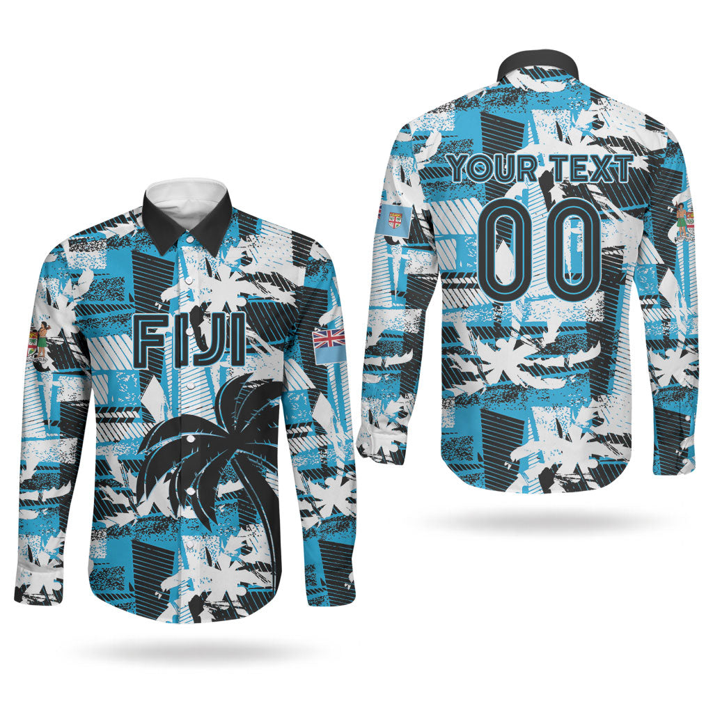 Custom Fijian Rugby Couples Matching Long Sleeve Bodycon Dress and Long Sleeve Button Shirt Grunge Palm Stylized LT01 - Polynesian Pride