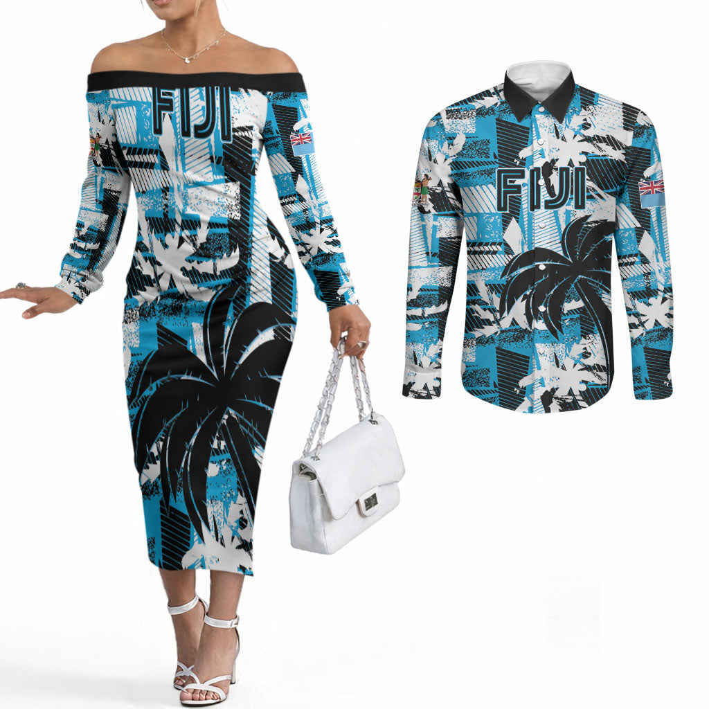 Custom Fijian Rugby Couples Matching Off The Shoulder Long Sleeve Dress and Long Sleeve Button Shirt Grunge Palm Stylized LT01 Blue - Polynesian Pride
