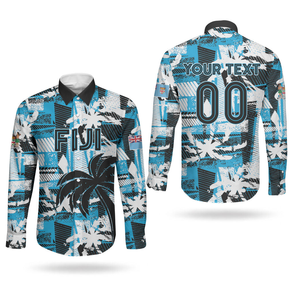 Custom Fijian Rugby Couples Matching Off The Shoulder Long Sleeve Dress and Long Sleeve Button Shirt Grunge Palm Stylized LT01 - Polynesian Pride