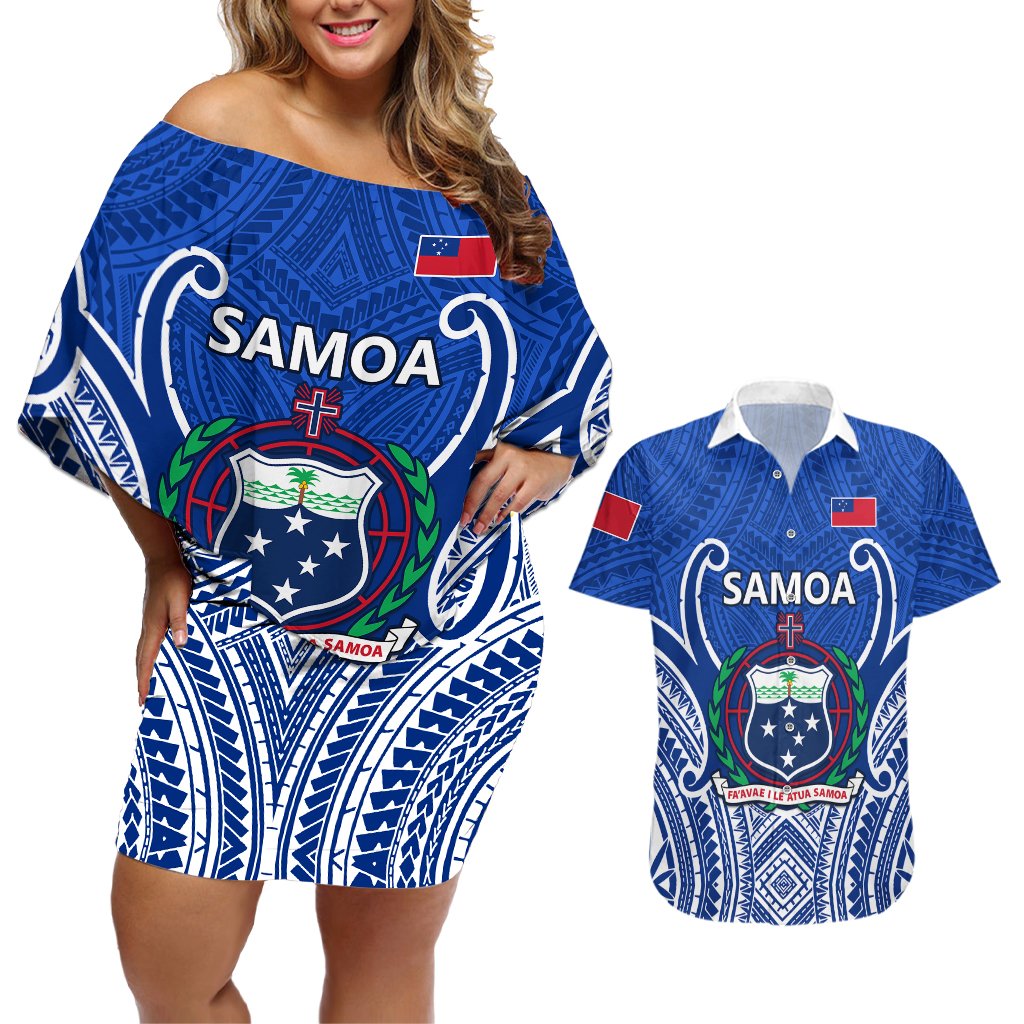 Samoa Rugby Couples Matching Off Shoulder Short Dress and Hawaiian Shirt Manu Samoa Go 2023 World Cup LT01 Blue - Polynesian Pride