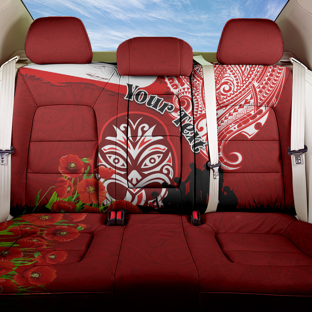 New Zealand ANZAC Waitangi Day Back Car Seat Cover Lest We Forget Soldier Tiki Maori Style LT03 One Size Red - Polynesian Pride