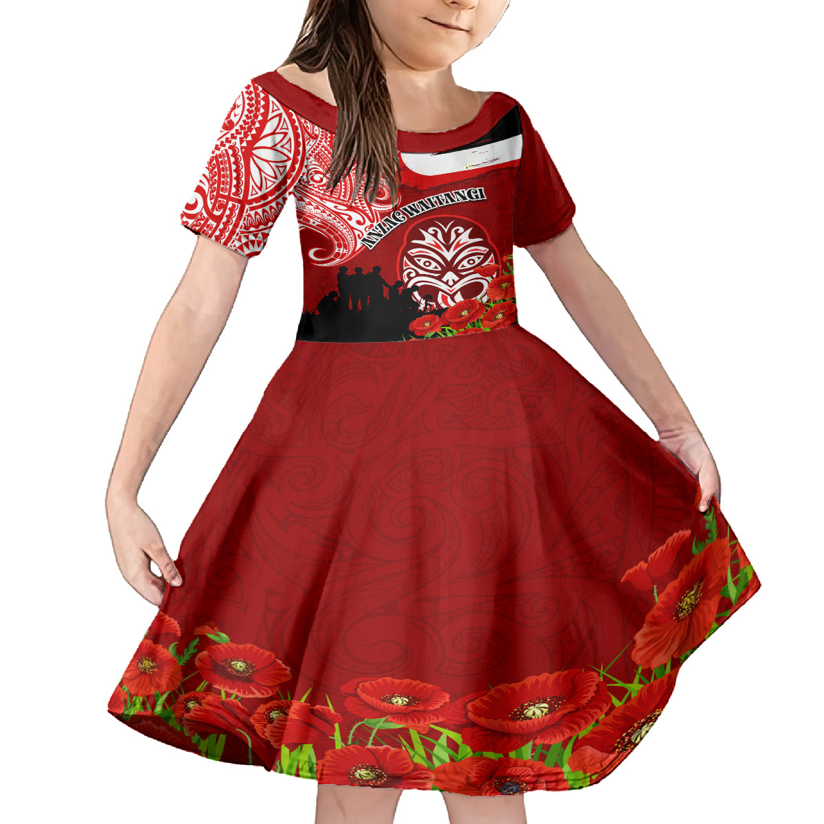 New Zealand ANZAC Waitangi Day Family Matching Tank Maxi Dress and Hawaiian Shirt Lest We Forget Soldier Tiki Maori Style LT03 Daughter's Dress Red - Polynesian Pride