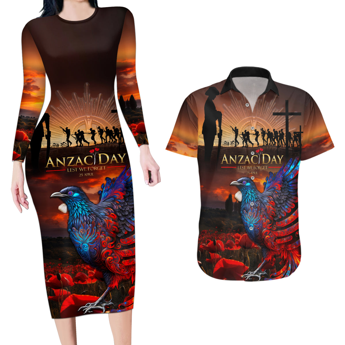New Zealand Tui Bird Soldier ANZAC Couples Matching Long Sleeve Bodycon Dress and Hawaiian Shirt Lest We Forget LT03 Black - Polynesian Pride