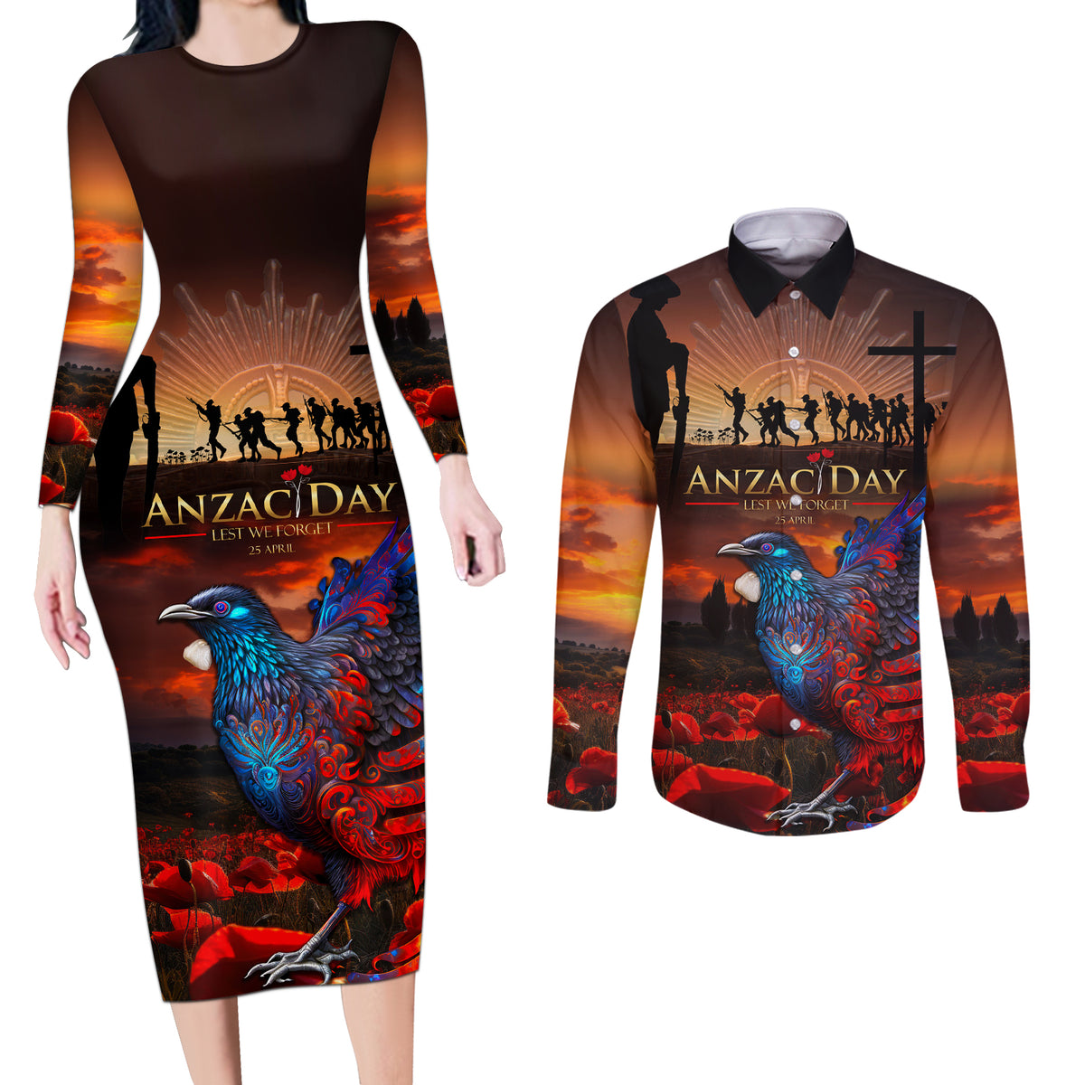 New Zealand Tui Bird Soldier ANZAC Couples Matching Long Sleeve Bodycon Dress and Long Sleeve Button Shirt Lest We Forget LT03 Black - Polynesian Pride