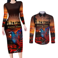 New Zealand Tui Bird Soldier ANZAC Couples Matching Long Sleeve Bodycon Dress and Long Sleeve Button Shirt Lest We Forget LT03 Black - Polynesian Pride