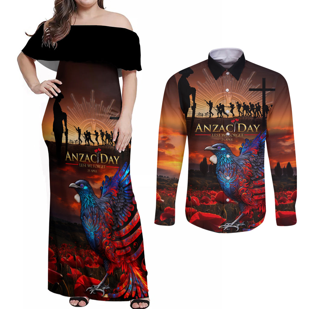 New Zealand Tui Bird Soldier ANZAC Couples Matching Off Shoulder Maxi Dress and Long Sleeve Button Shirt Lest We Forget LT03 Black - Polynesian Pride