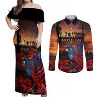 New Zealand Tui Bird Soldier ANZAC Couples Matching Off Shoulder Maxi Dress and Long Sleeve Button Shirt Lest We Forget LT03 Black - Polynesian Pride