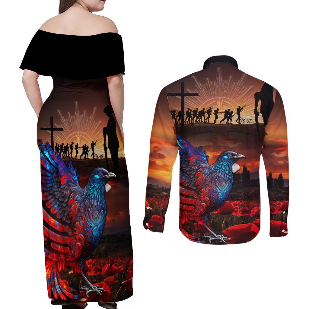 New Zealand Tui Bird Soldier ANZAC Couples Matching Off Shoulder Maxi Dress and Long Sleeve Button Shirt Lest We Forget LT03 - Polynesian Pride