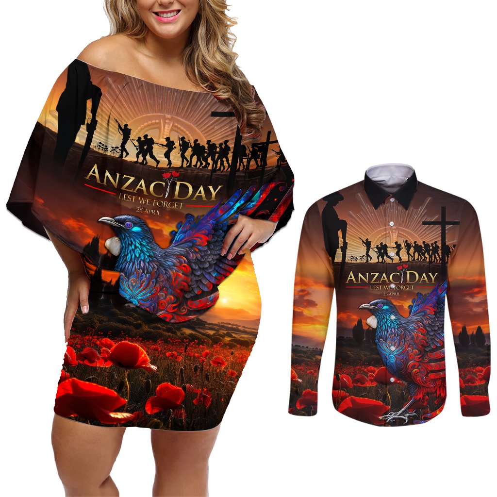 New Zealand Tui Bird Soldier ANZAC Couples Matching Off Shoulder Short Dress and Long Sleeve Button Shirt Lest We Forget LT03 Black - Polynesian Pride