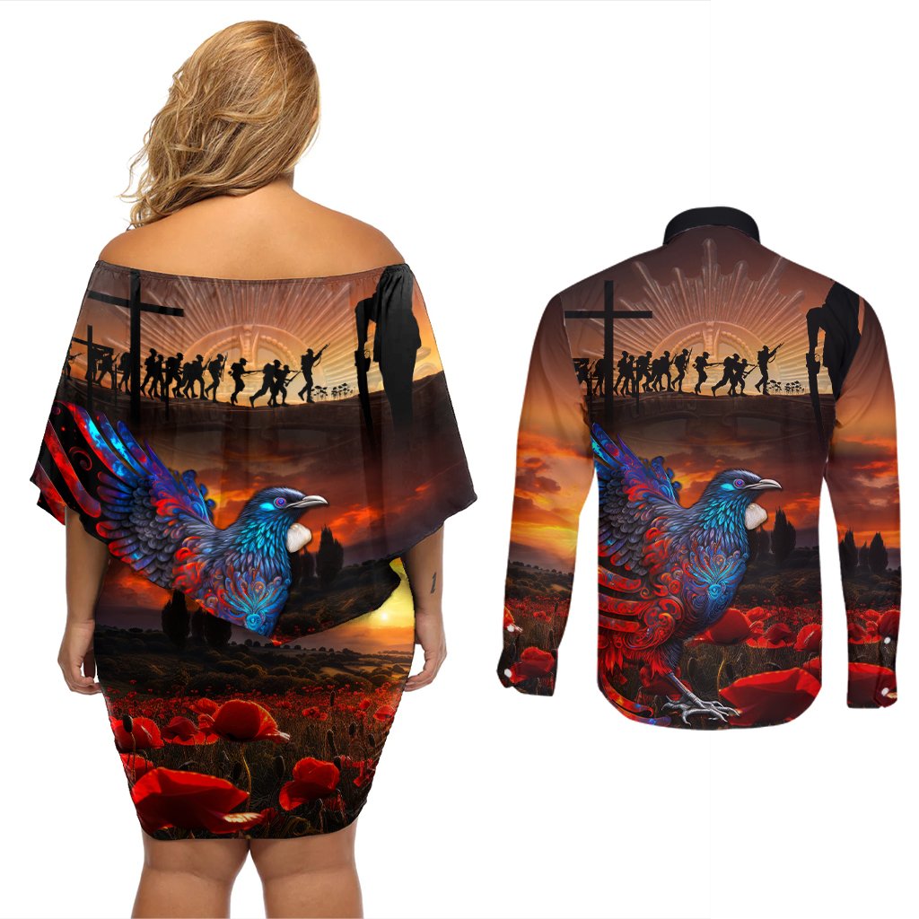 New Zealand Tui Bird Soldier ANZAC Couples Matching Off Shoulder Short Dress and Long Sleeve Button Shirt Lest We Forget LT03 - Polynesian Pride