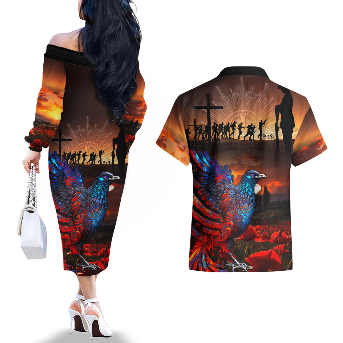 New Zealand Tui Bird Soldier ANZAC Couples Matching Off The Shoulder Long Sleeve Dress and Hawaiian Shirt Lest We Forget LT03 - Polynesian Pride