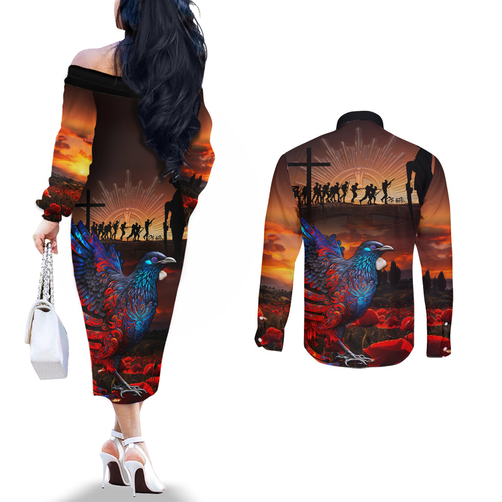 New Zealand Tui Bird Soldier ANZAC Couples Matching Off The Shoulder Long Sleeve Dress and Long Sleeve Button Shirt Lest We Forget LT03 - Polynesian Pride