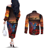 New Zealand Tui Bird Soldier ANZAC Couples Matching Off The Shoulder Long Sleeve Dress and Long Sleeve Button Shirt Lest We Forget LT03 - Polynesian Pride