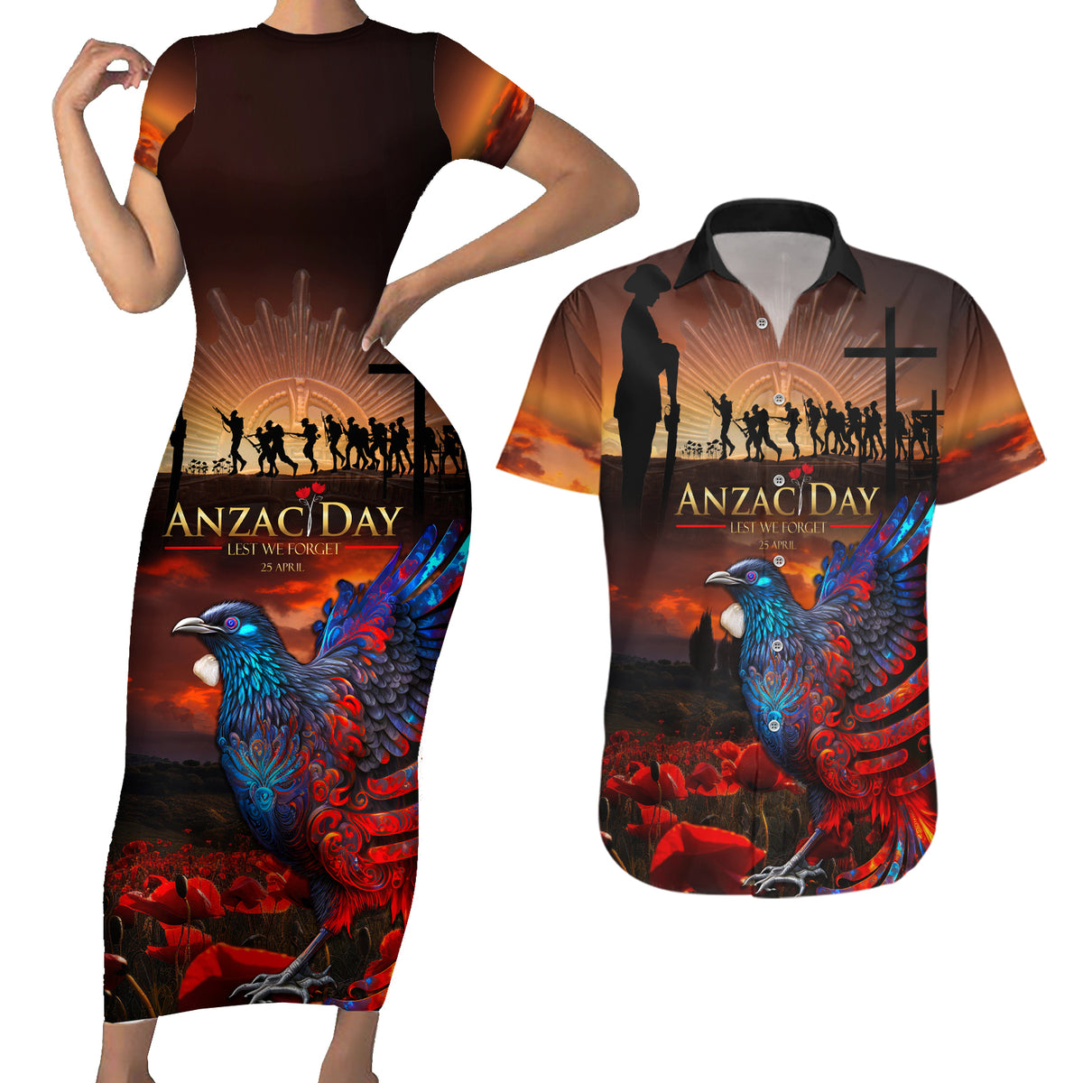New Zealand Tui Bird Soldier ANZAC Couples Matching Short Sleeve Bodycon Dress and Hawaiian Shirt Lest We Forget LT03 Black - Polynesian Pride