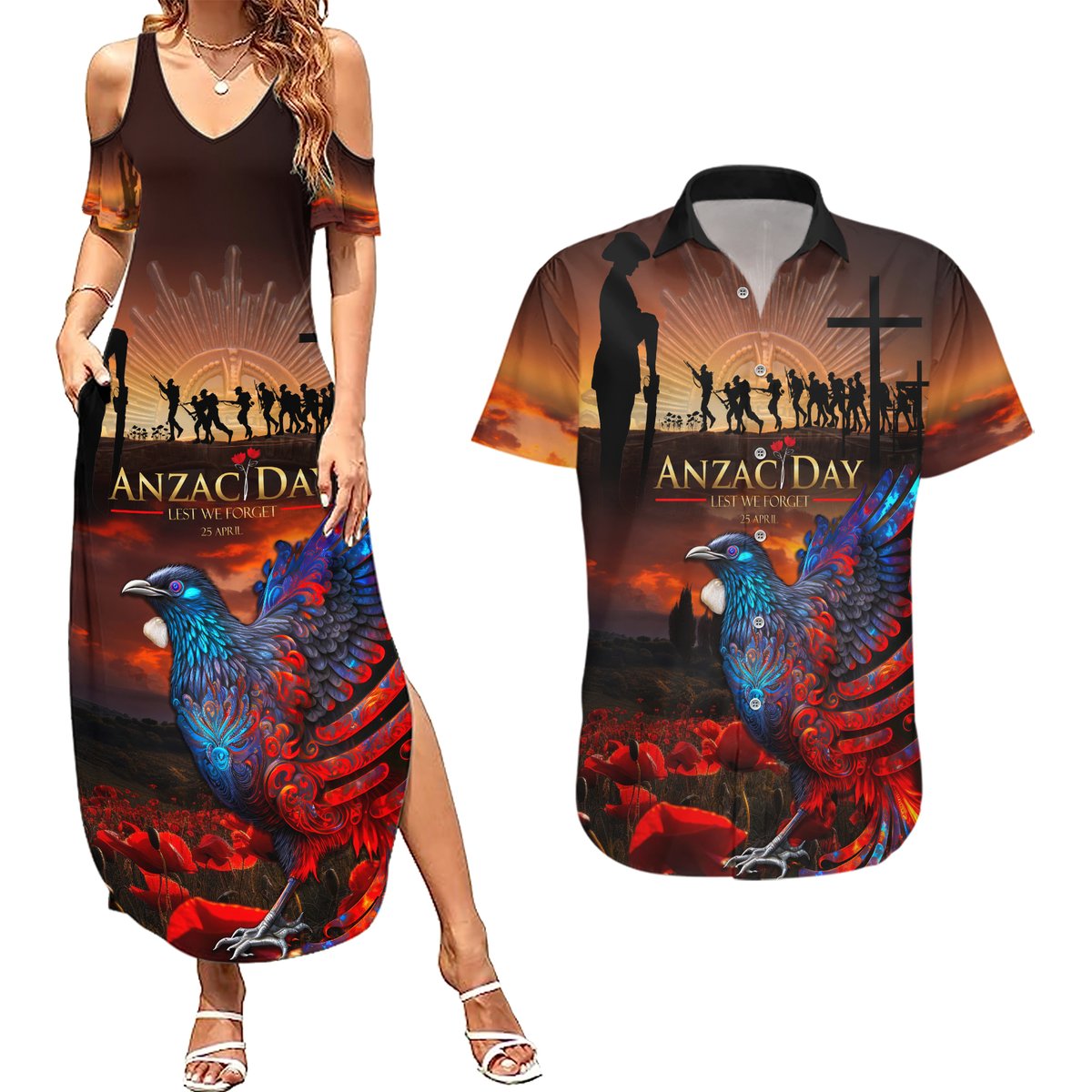 New Zealand Tui Bird Soldier ANZAC Couples Matching Summer Maxi Dress and Hawaiian Shirt Lest We Forget LT03 Black - Polynesian Pride