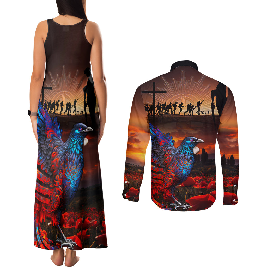 New Zealand Tui Bird Soldier ANZAC Couples Matching Tank Maxi Dress and Long Sleeve Button Shirt Lest We Forget LT03 - Polynesian Pride