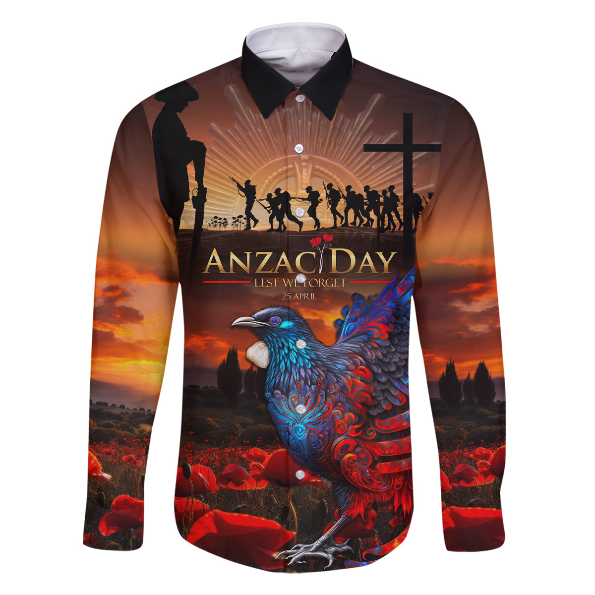 New Zealand Tui Bird Soldier ANZAC Family Matching Long Sleeve Bodycon Dress and Hawaiian Shirt Lest We Forget LT03 Dad's Shirt - Long Sleeve Black - Polynesian Pride