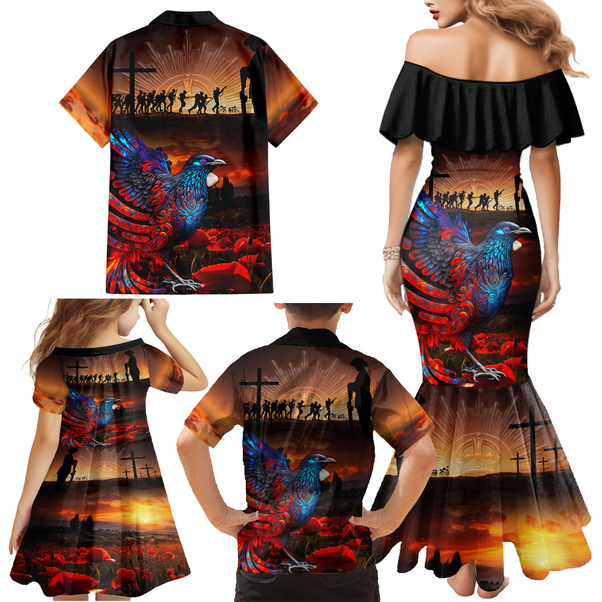 New Zealand Tui Bird Soldier ANZAC Family Matching Mermaid Dress and Hawaiian Shirt Lest We Forget LT03 - Polynesian Pride