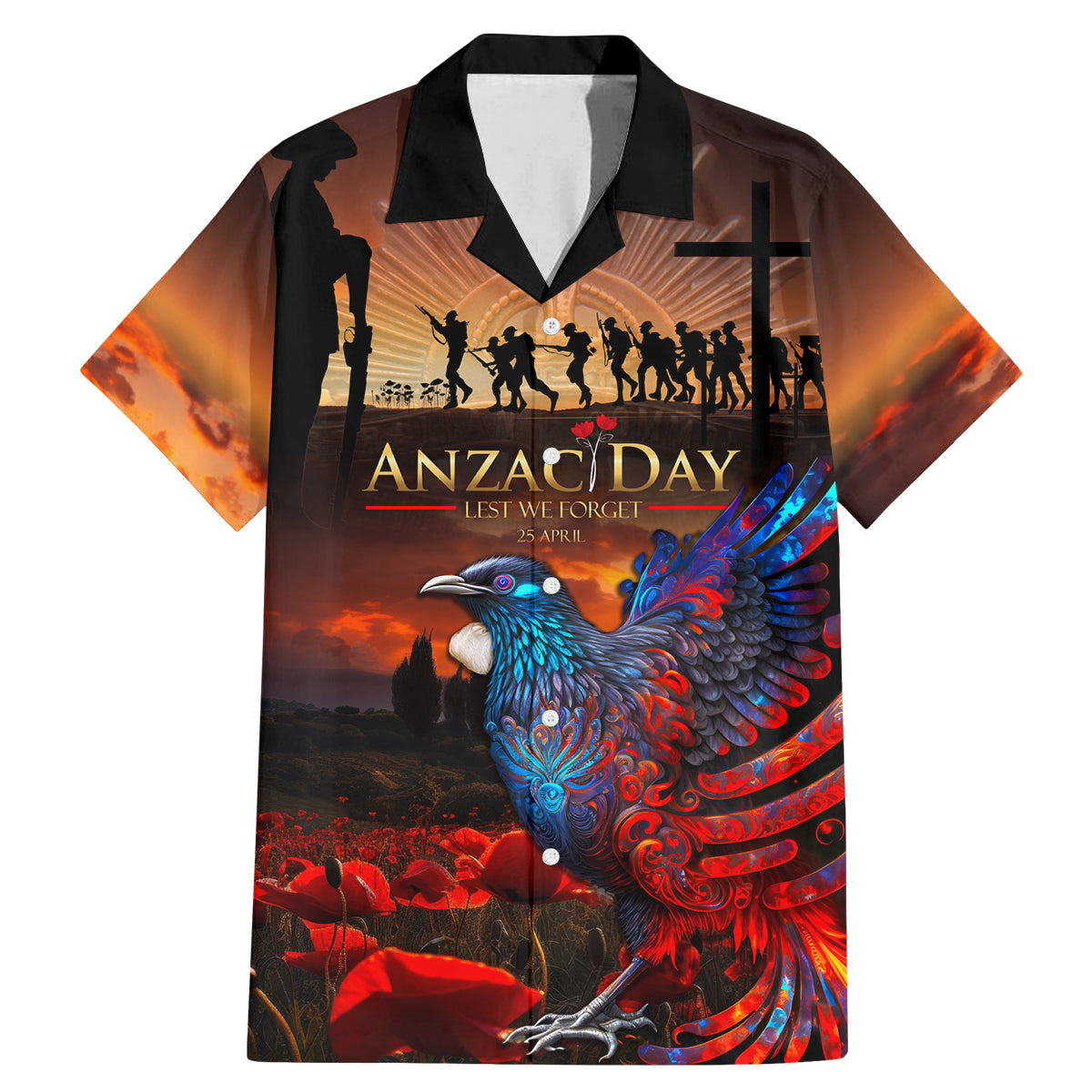 New Zealand Tui Bird Soldier ANZAC Family Matching Mermaid Dress and Hawaiian Shirt Lest We Forget LT03 Dad's Shirt - Short Sleeve Black - Polynesian Pride