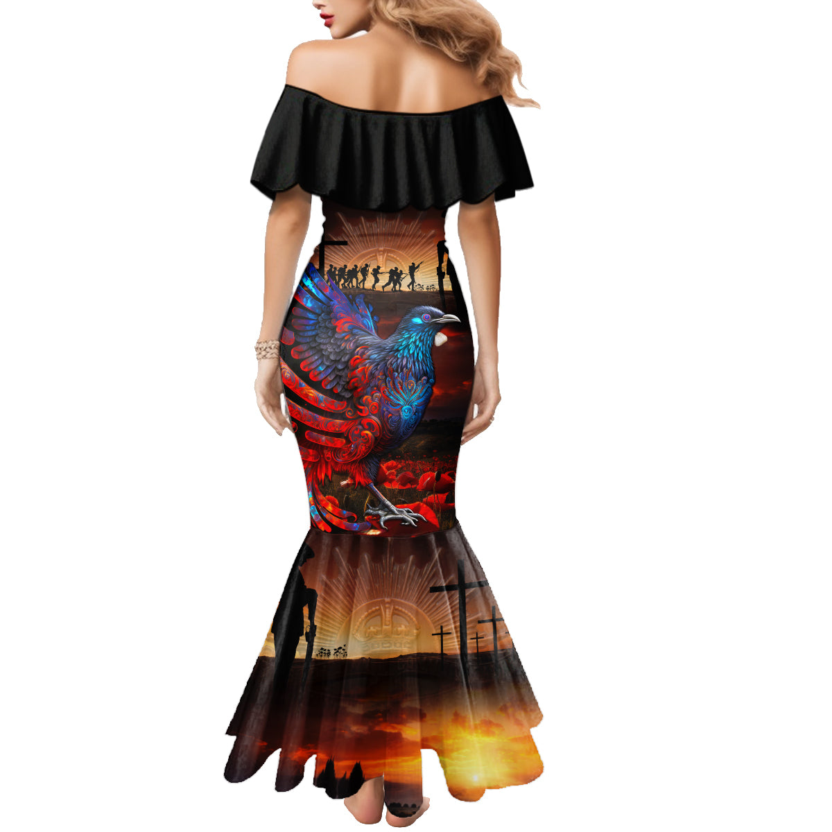 New Zealand Tui Bird Soldier ANZAC Family Matching Mermaid Dress and Hawaiian Shirt Lest We Forget LT03 - Polynesian Pride