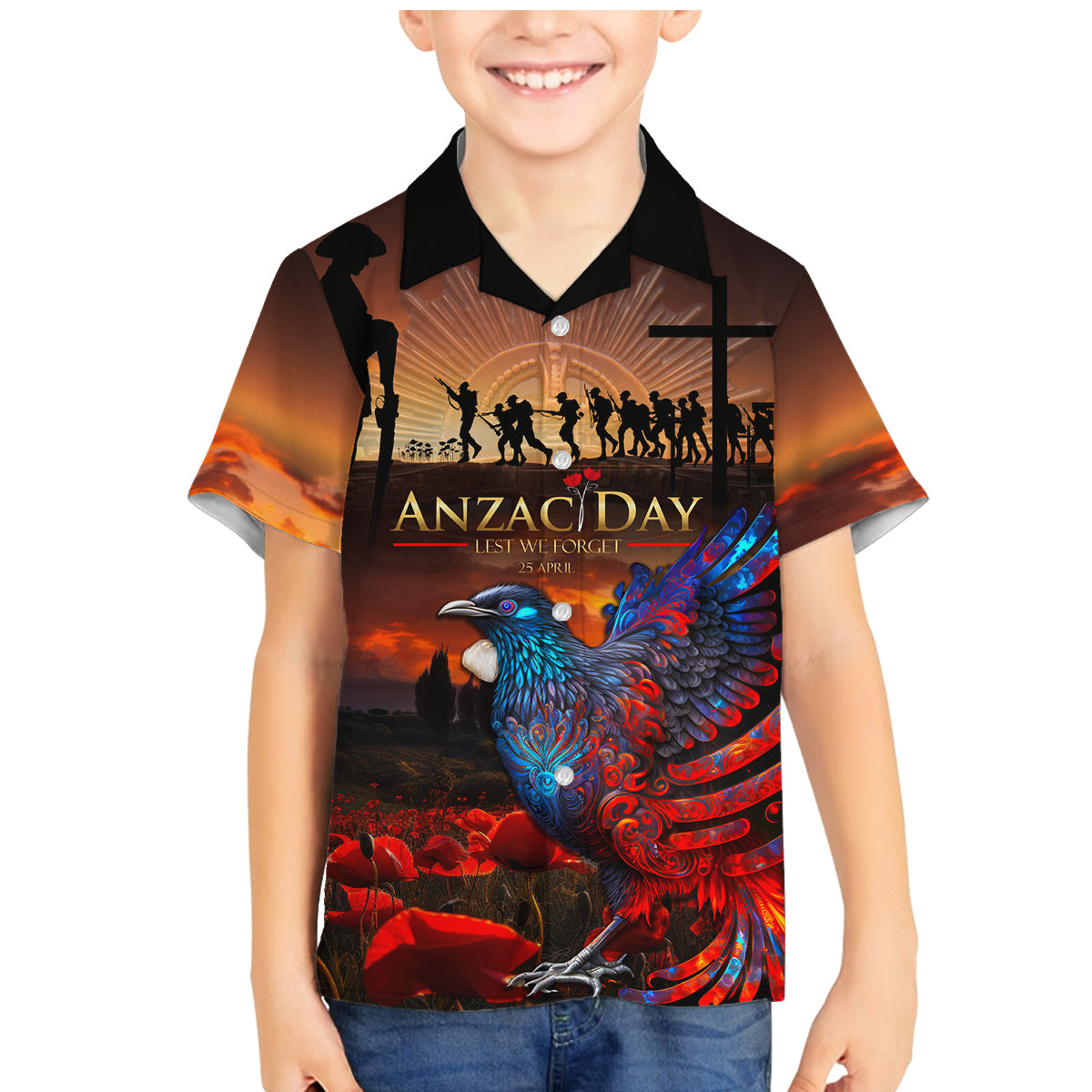 New Zealand Tui Bird Soldier ANZAC Family Matching Mermaid Dress and Hawaiian Shirt Lest We Forget LT03 Son's Shirt Black - Polynesian Pride