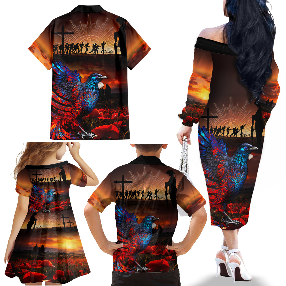 New Zealand Tui Bird Soldier ANZAC Family Matching Off Shoulder Long Sleeve Dress and Hawaiian Shirt Lest We Forget LT03 - Polynesian Pride